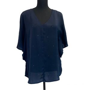 FRED David navy blue rhinestone embellished blouse Sz L